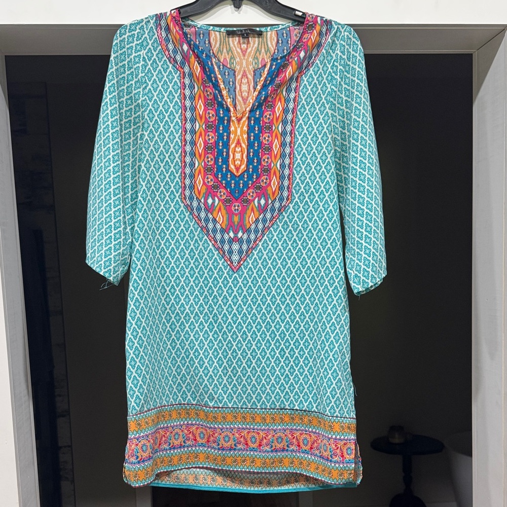 Turquoise Printed V-Neck Tunic Top with Multicolor Yoke